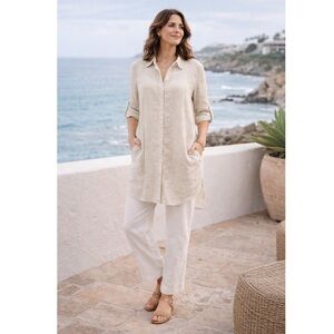 Tahari Light Beige 100% Linen Tunic Top Button-Up size XL